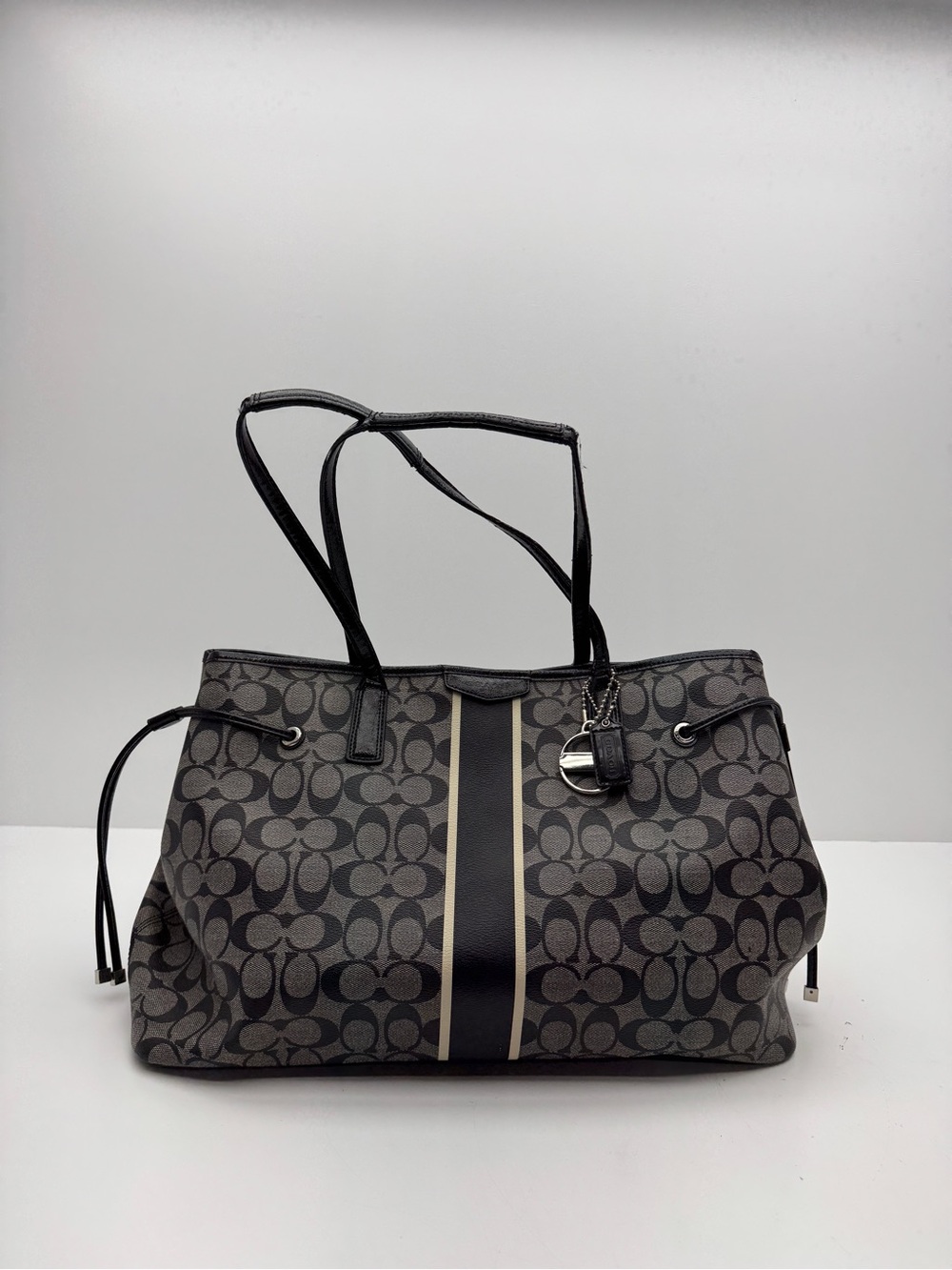 Coach Black and Charcoal Signature Stripe Tote